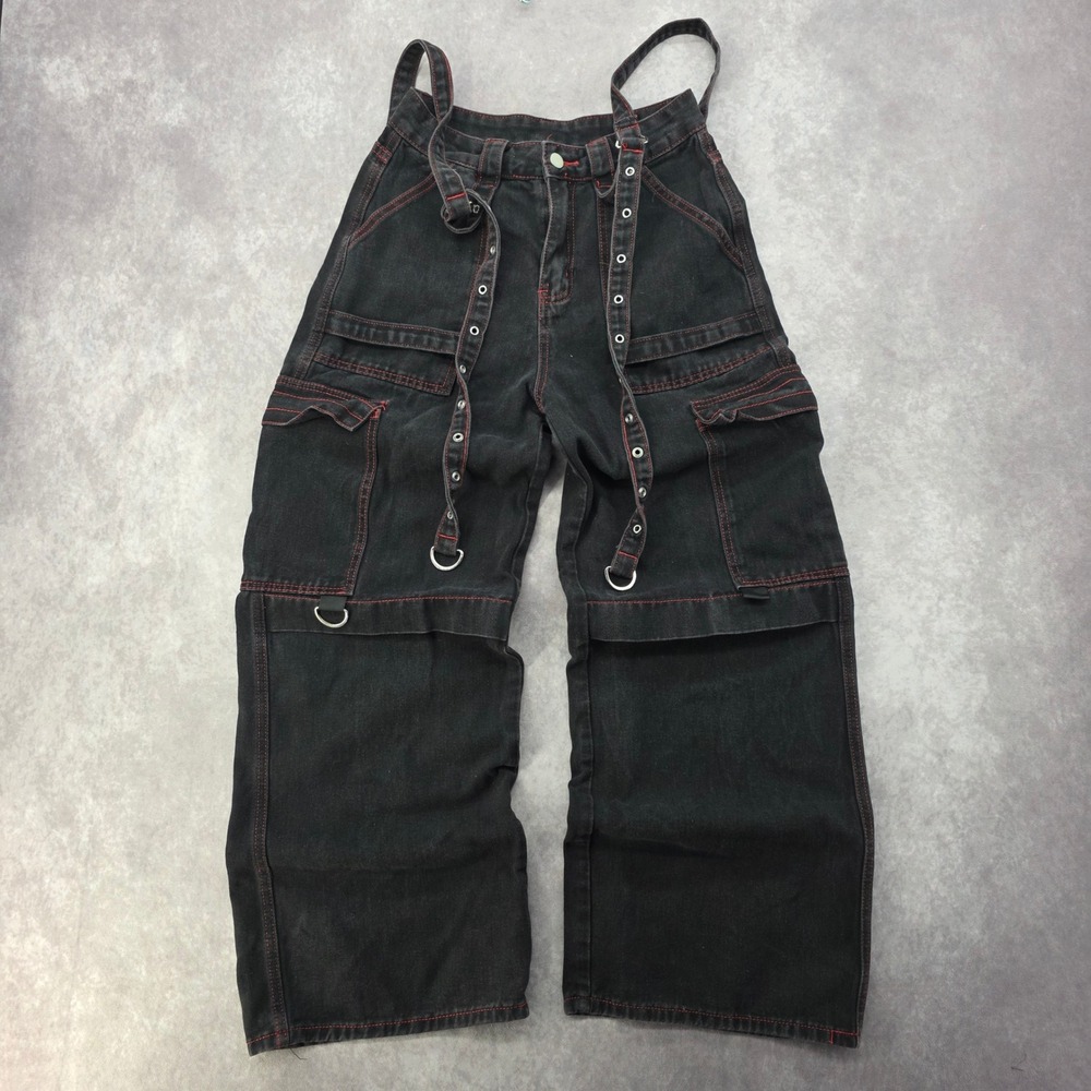 Womens Size 6 Cargo Baggy Jeans Wide Leg Straps Black Red Contrast Y2K Style